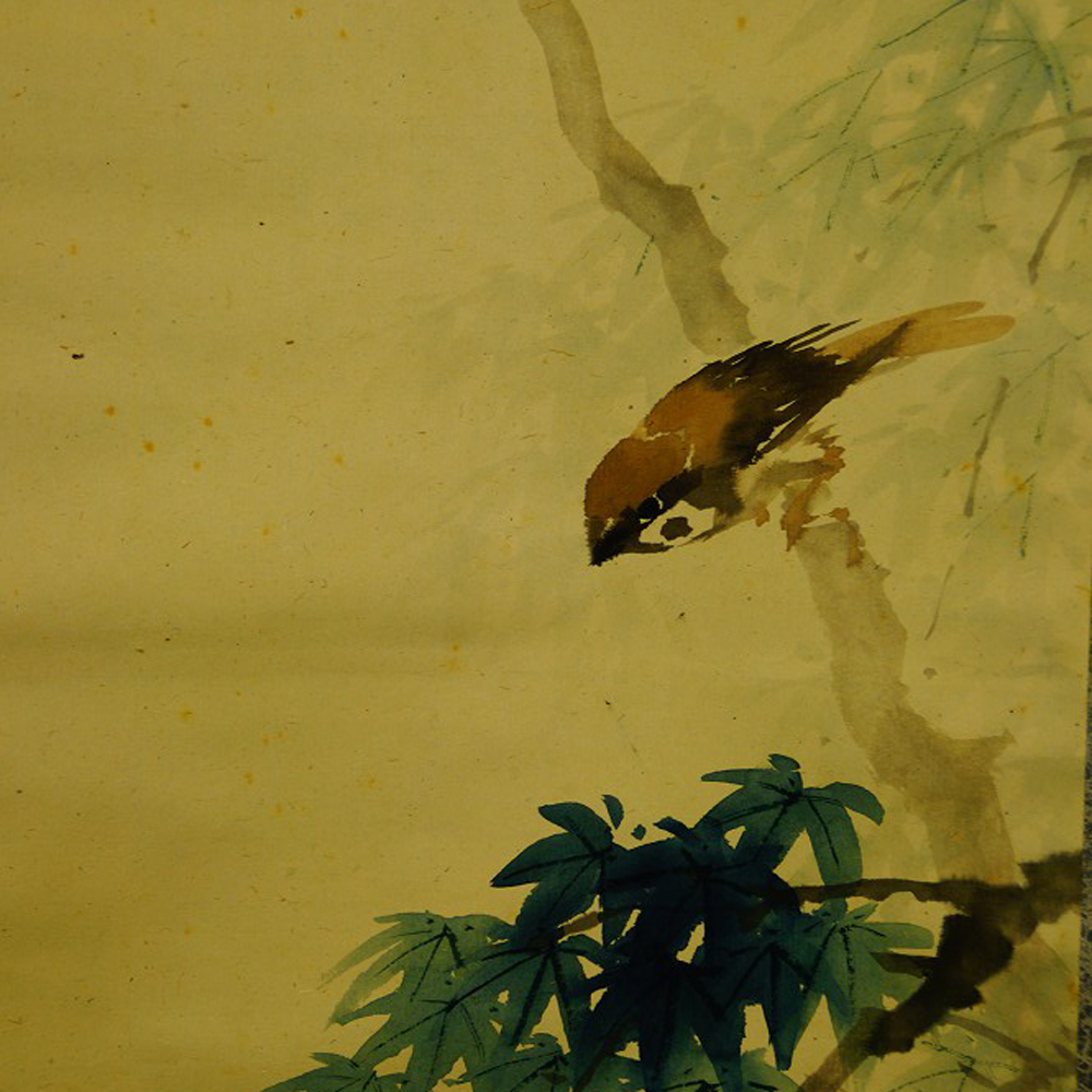 Sparrow on Bamboo Branches Hanging Scroll by Matsuura Shodo Motif Close-Up Preview