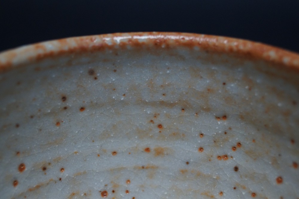 Tea Bowl Chawan Made of Shino Ware Interior View with Glaze Close-Up