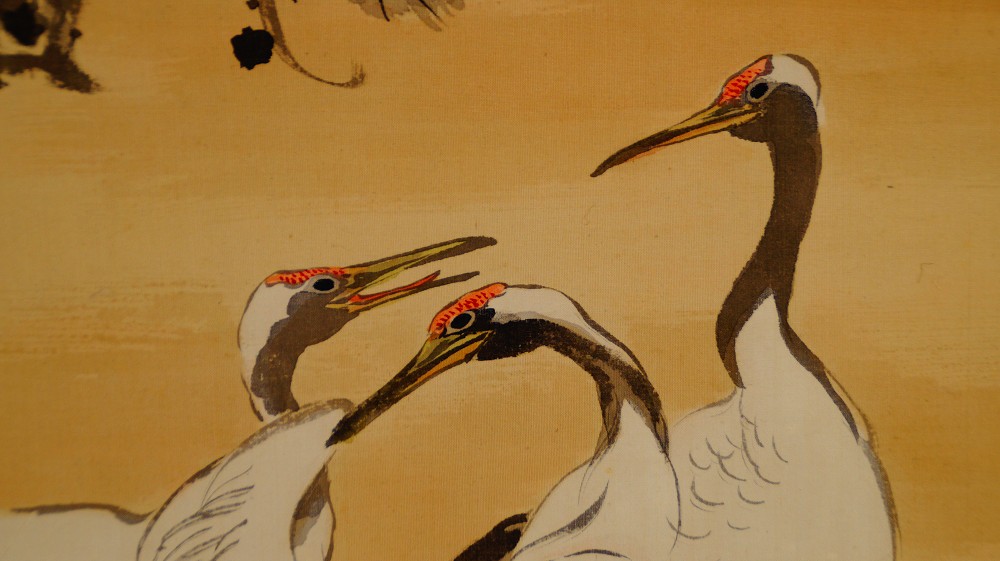 Three Cranes in Evening Light Hanging Scroll Cranes Motif Close-Up Heads 2