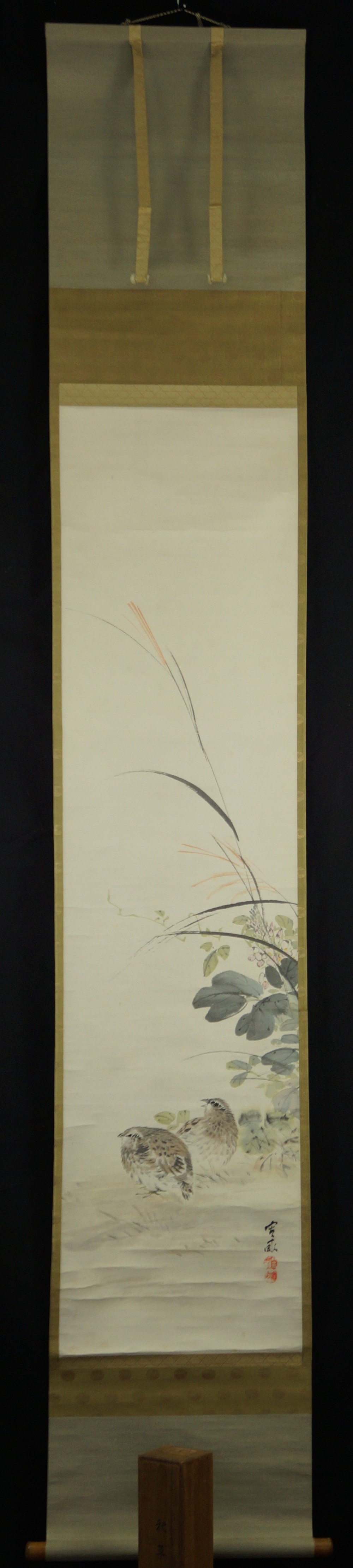 Quails in the Grass by Hiroune Araki Full View Hanging Scroll