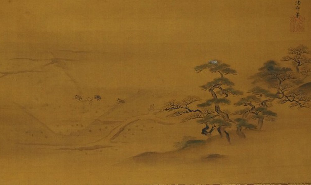 Kakemono von Kanō Naganobu: Fuji hinter einem Kiefernhügel, in Tusche und Farbe auf Seide.