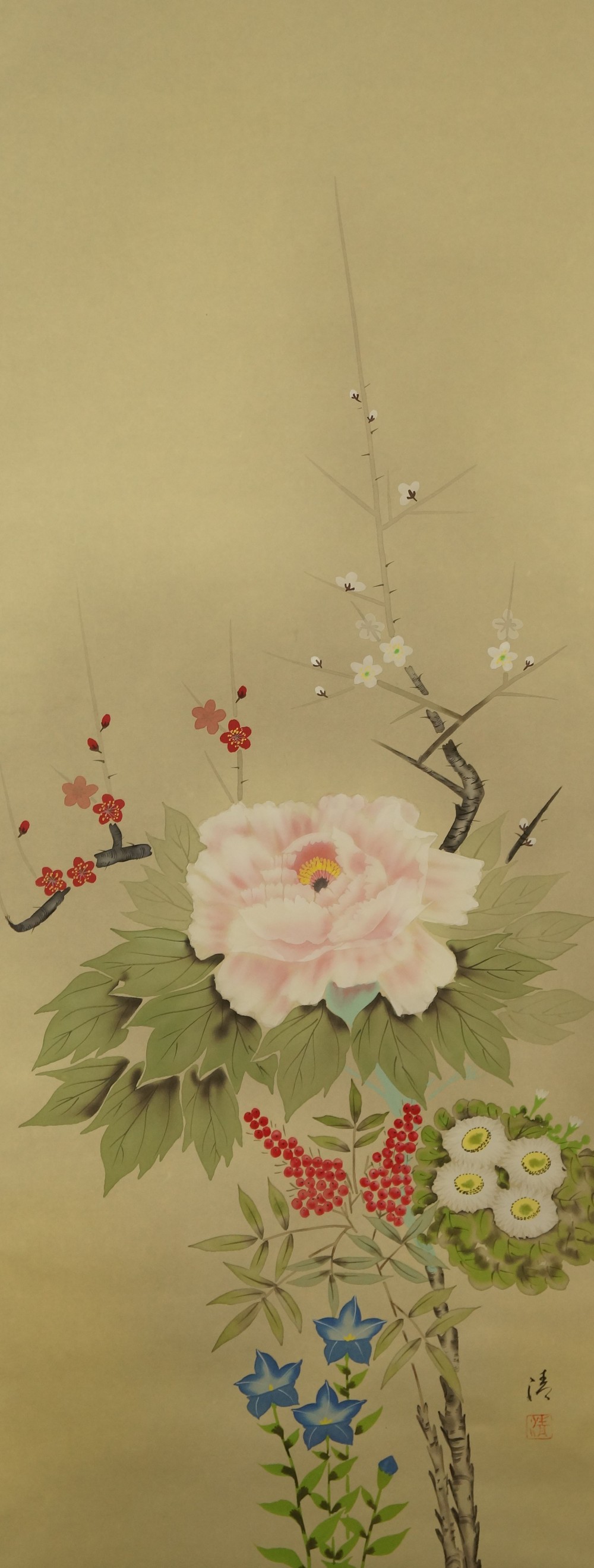 Peony Hanging Scroll Full Motif Without Mounting