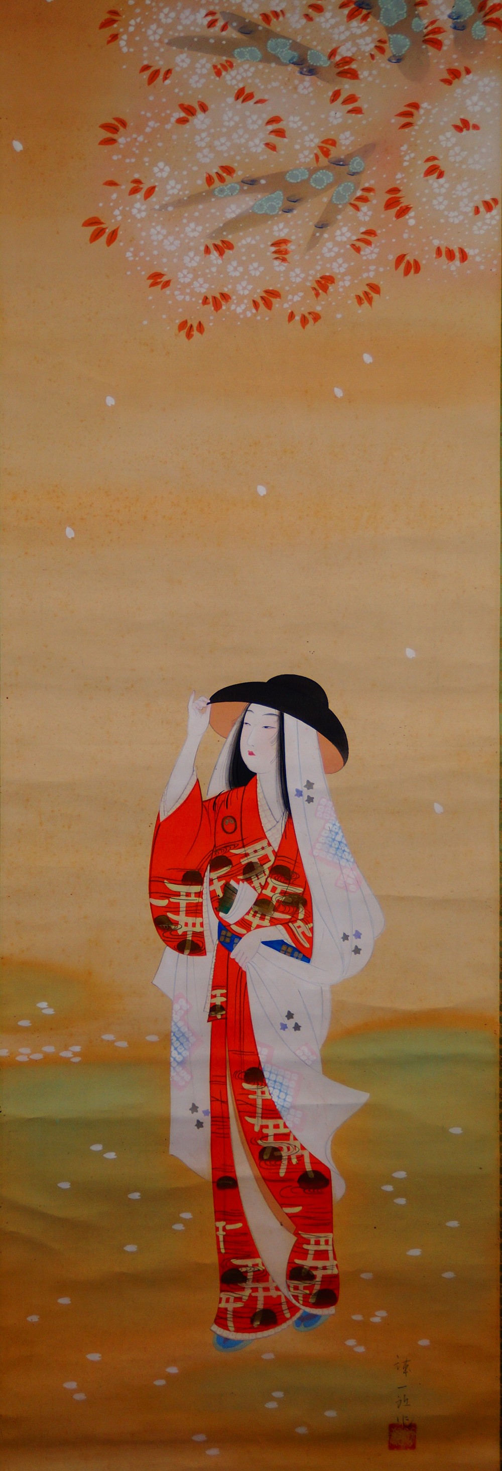 Beneath the Cherry Blossom Rain Hanging Scroll by Sokan Full Motif Without Mounting