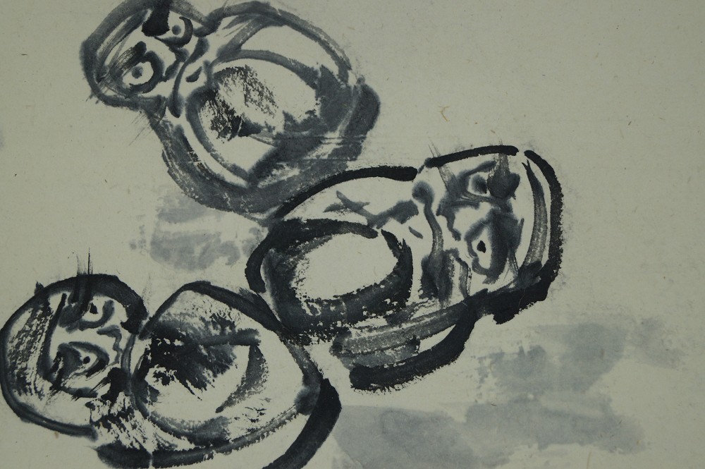 Bodhidharma Daruma hanging scroll motif close-up 1