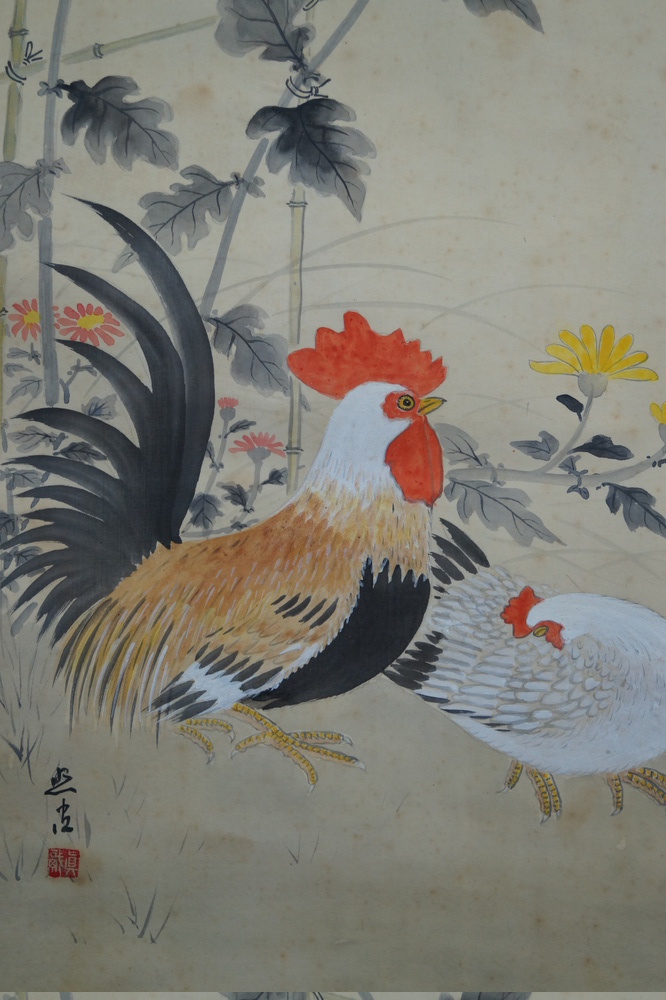 Hühner und Chrysanthemen - Japanisches Rollgemälde (Kakejiku)