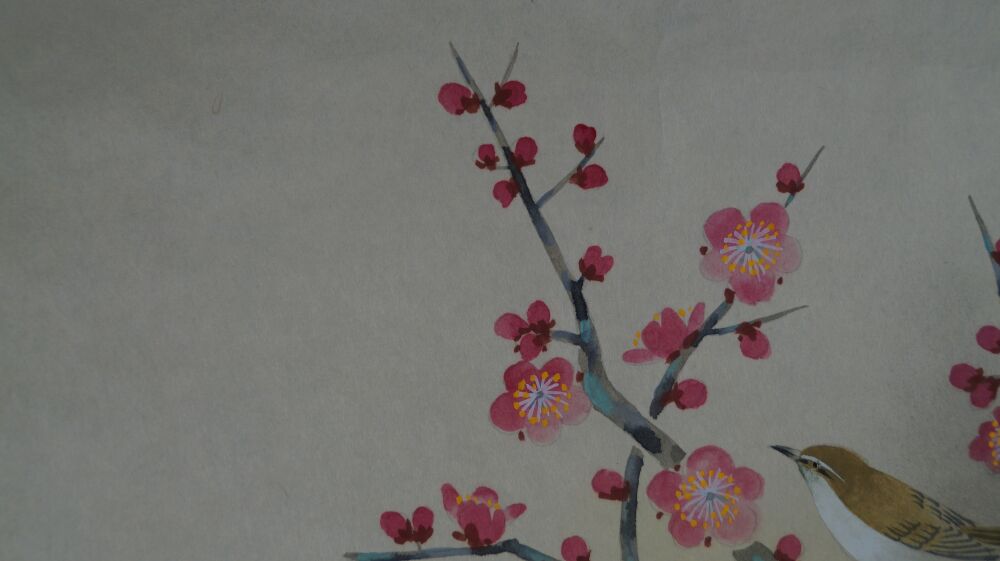 Further close-up of the plum blossoms on the branch in the hanging scroll Songbird at the Blossoming Plum Tree