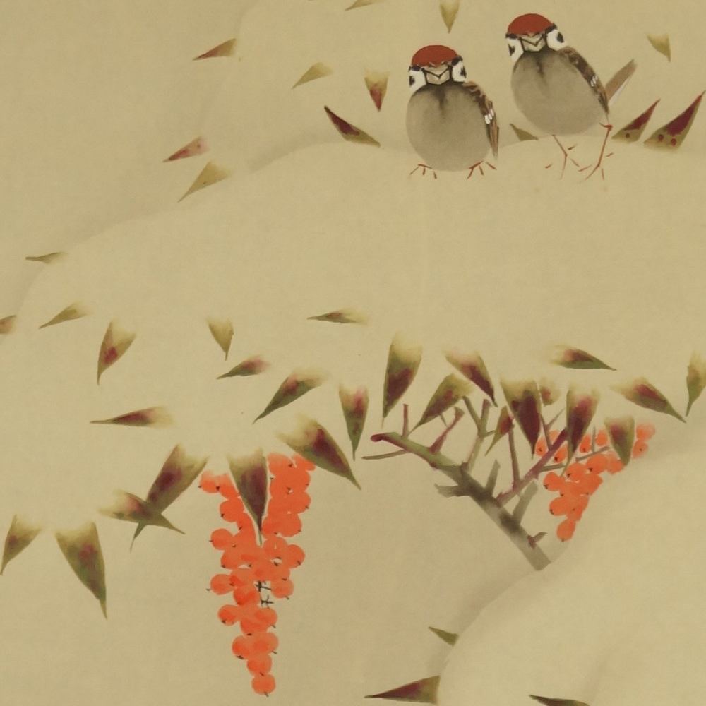Zwei Spatzen im Winter Kakemono Motiv Nahaufnahme Vorschau