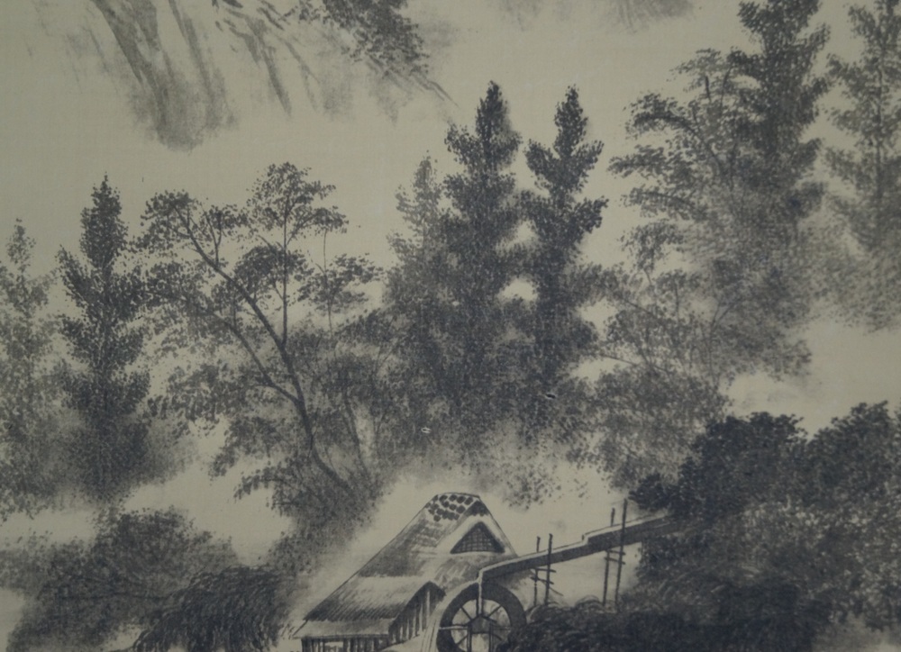 Landscape with Water Mill and Waterfalls close-up of the trees in front of the water mill water mill motif close-up