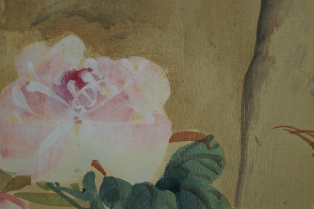 Birds and flowers hanging scroll rose motif close-up 3