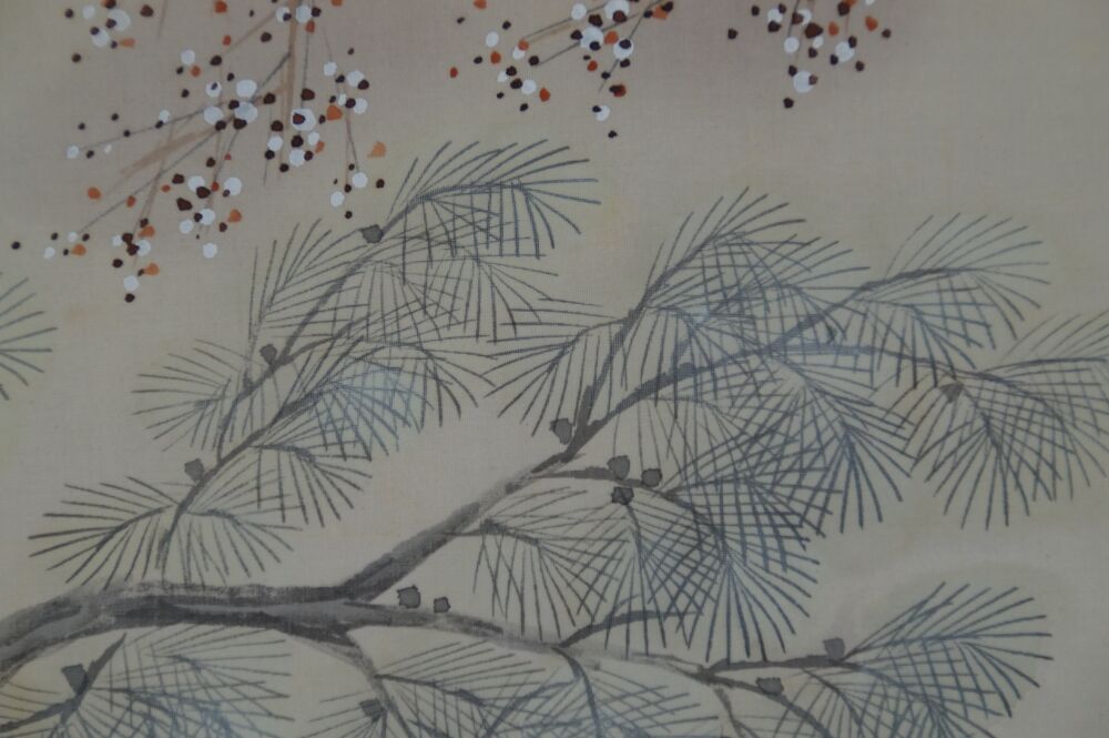 Detail view of pine branch and plum blossoms in the kakemono Lady in Kimono Under Blossoming Plum Tree