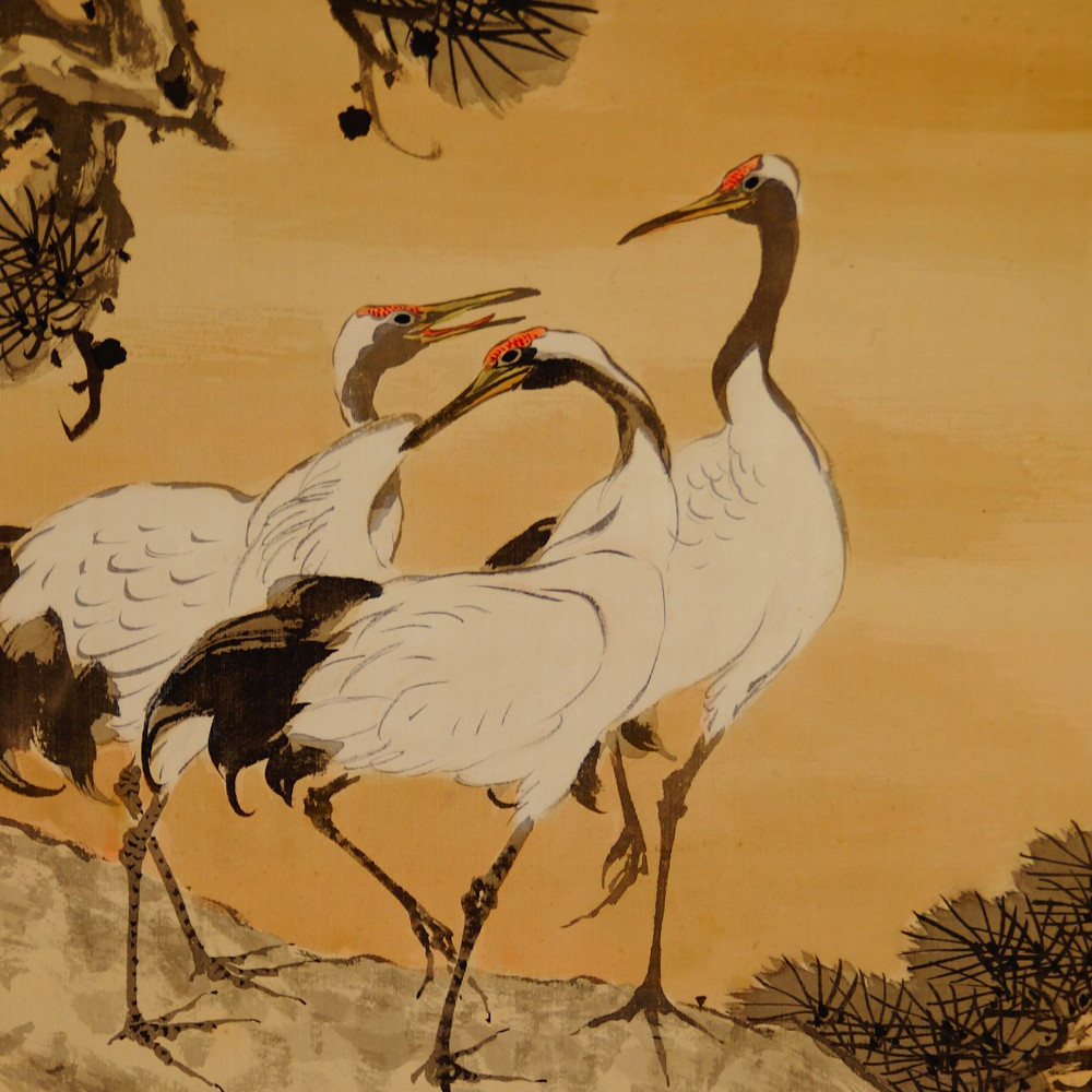 Three Cranes in Evening Light Hanging Scroll by Shoka Motif Close-Up Preview