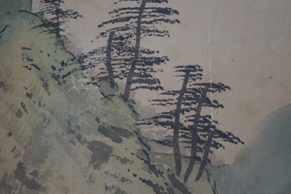 Landscape with Bridge and Mountain Village Close-Up of the Pines on the Rocky Slope Landscape Close-Up