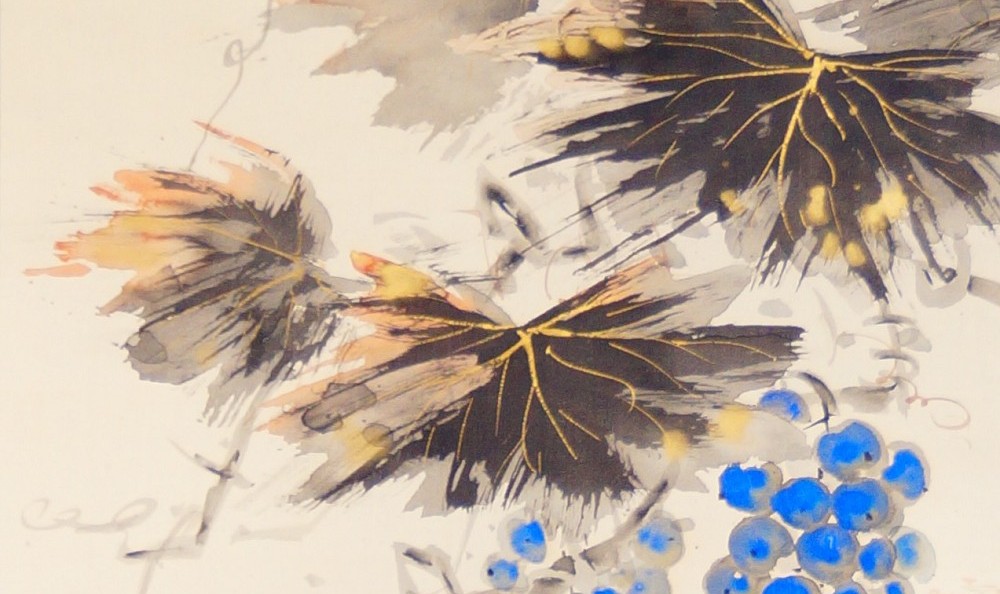 Kakemono by Mori Getsujō: striped squirrel in grapevines, in color on silk.
