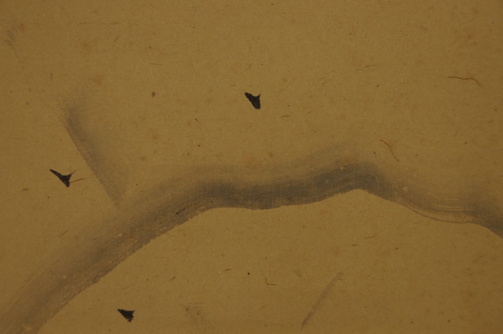 Another close-up of crows in flight against the snowy mountain outline