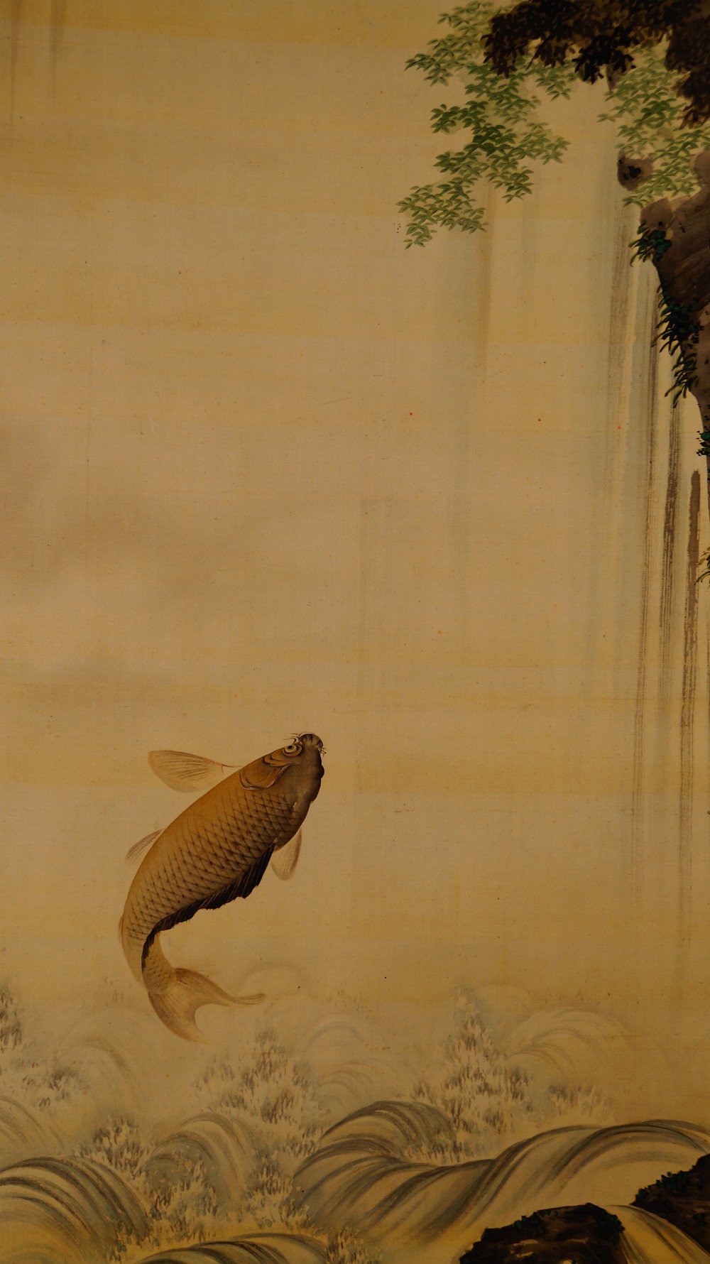 Further close-up of the pine trunk and needle branches in the kakemono Carp Under the Waterfall by Takekawa Tomohiro