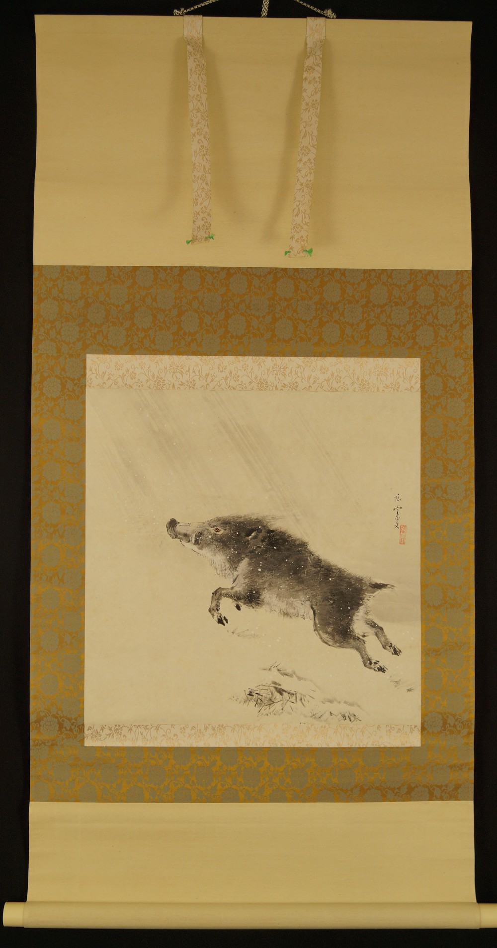 Wild Boar in Snow Full View Hanging Scroll