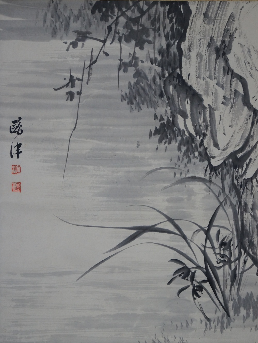 Grasses on a rock hanging scroll full motif without mounting