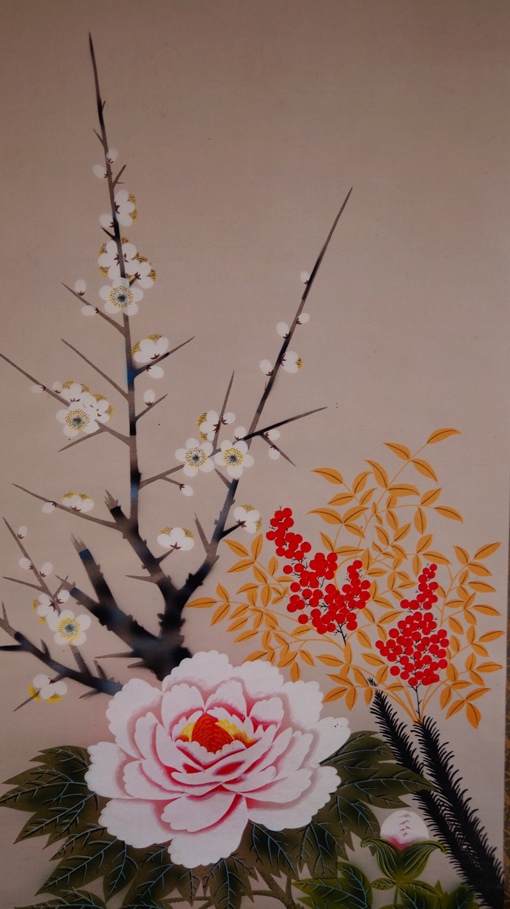 Close-Up of Blooming Plum Branches and the Pink Peony with Nandina Berries
