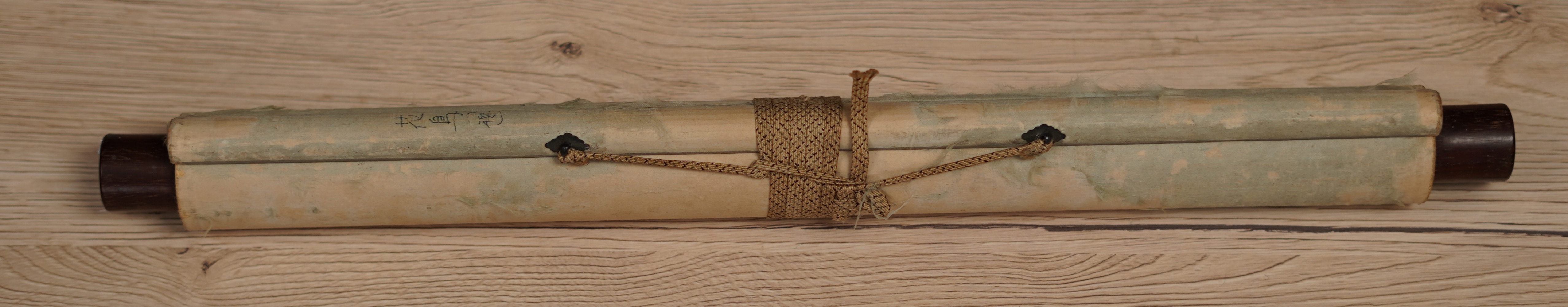 Rolled Up Kakemono Songbird on a Blossoming Cherry Branch with Closing Cord and Inscription