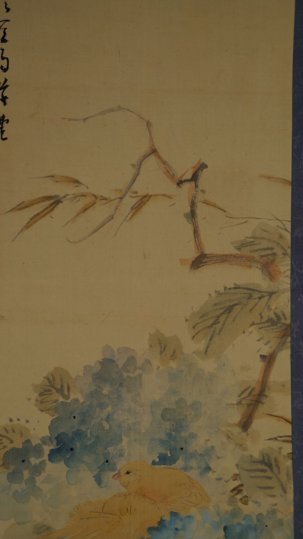 Close-Up of the Hydrangea Blossoms with Bamboo Branches and Bird in the Upper Part of the Hanging Scroll Hydrangeas in Early Summer Light