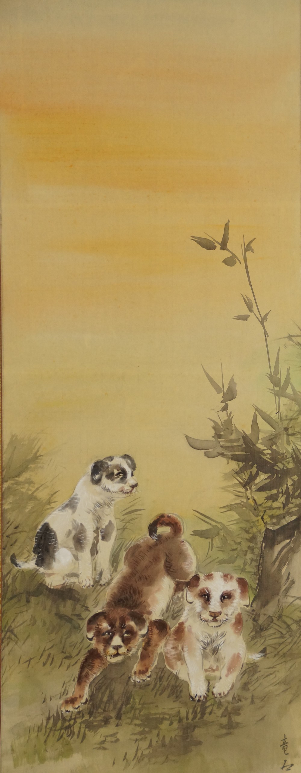 Three Puppies in the Grass by Ryuseki Full Motif without Mounting