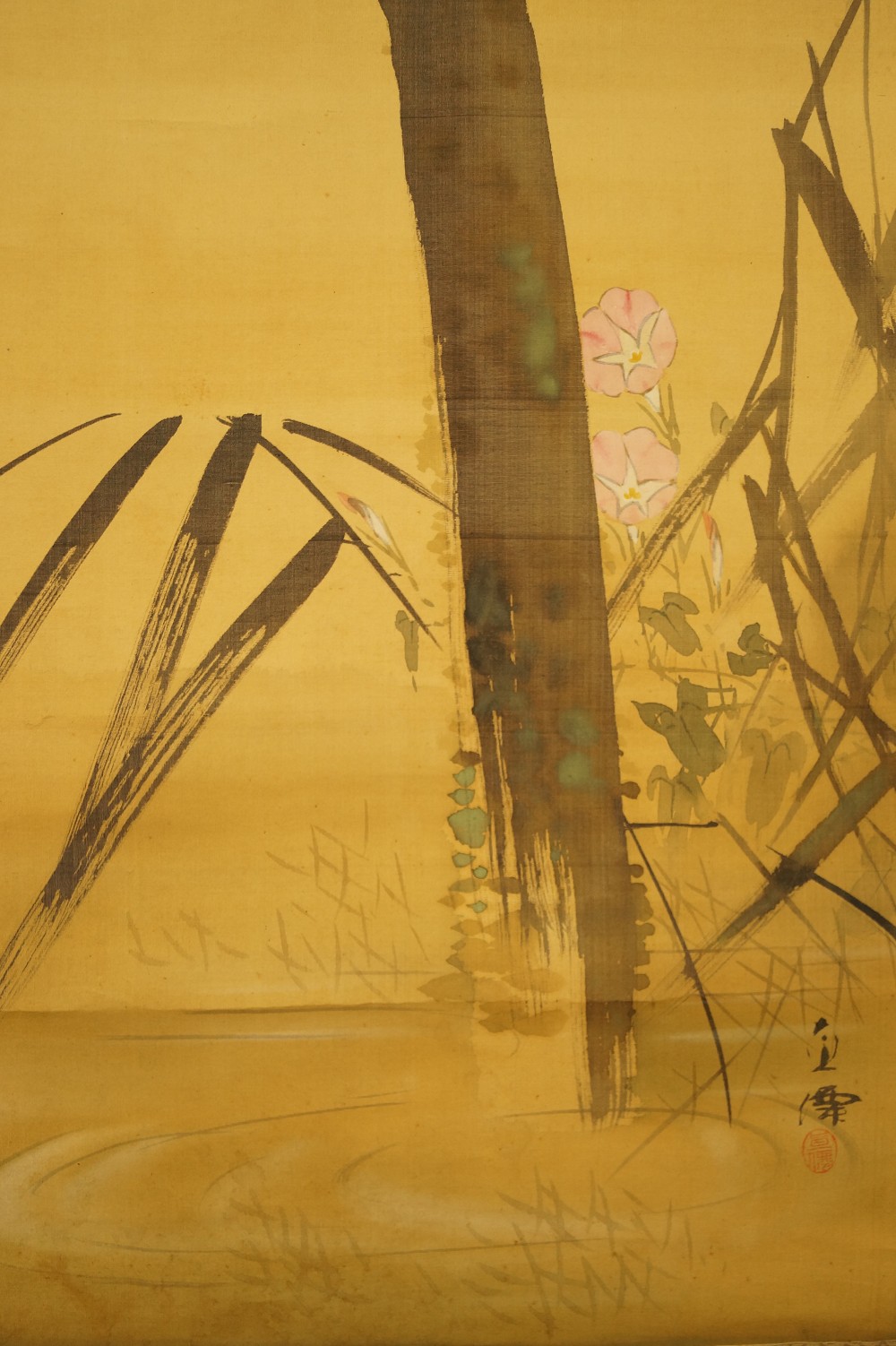 Pink Morning Glories and Reed Stalks with Artist's Signature Blossom Motif Close-Up 2