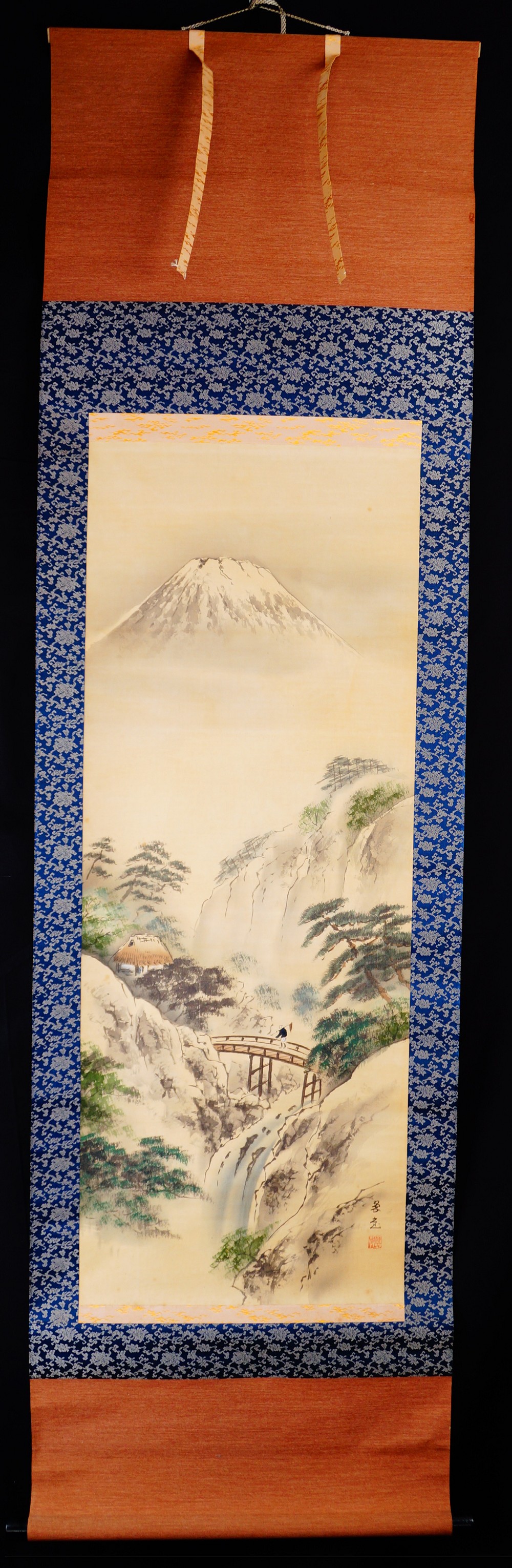Landschaft mit Fuji als Kakemono von Suido in der Gesamtansicht mit blauer Randmontierung
