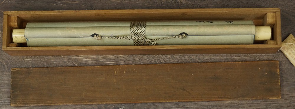 Sparrows on a Plum Tree Branch hanging scroll in storage box