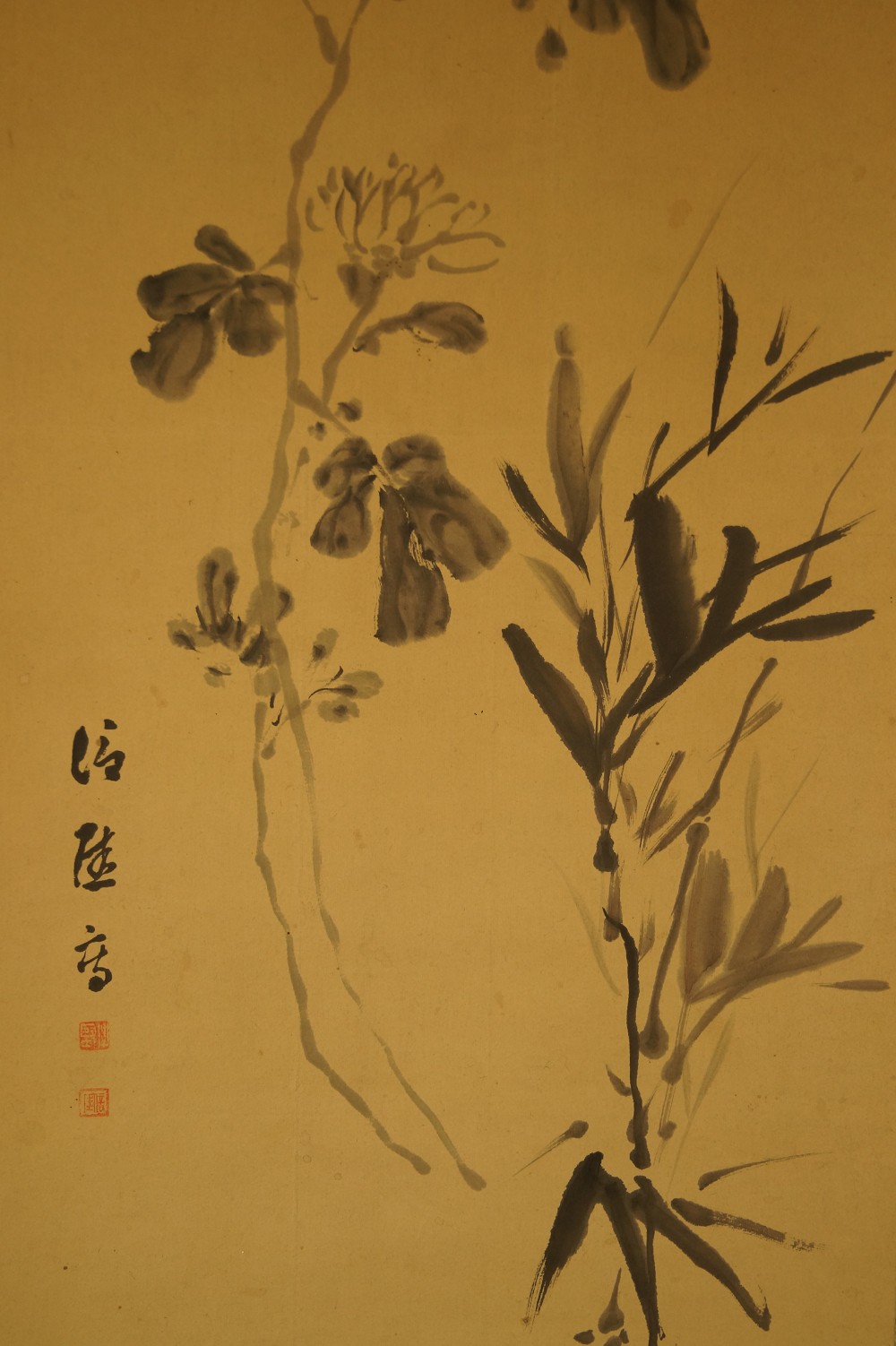Bambus, Chrysantheme und Sakura - Japanisches Rollbild (Kakejiku, Kakemono)