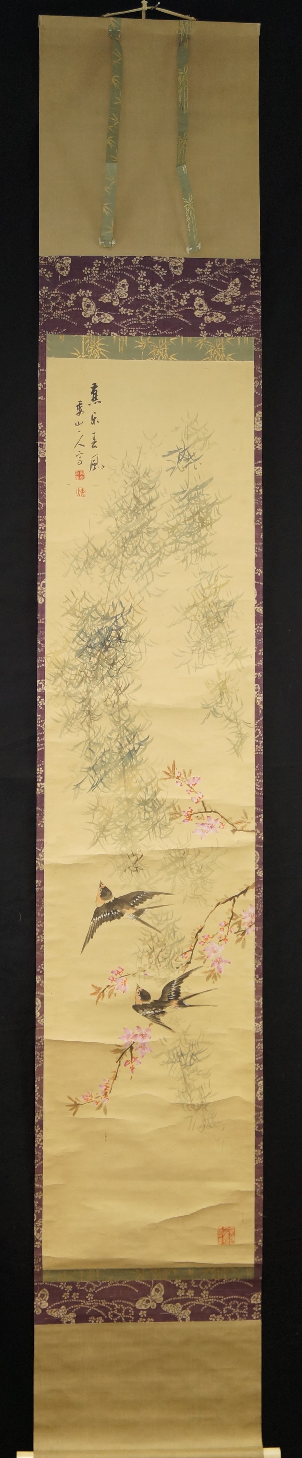 Two Swallows by Murakami Kozan Full View of Hanging Scroll