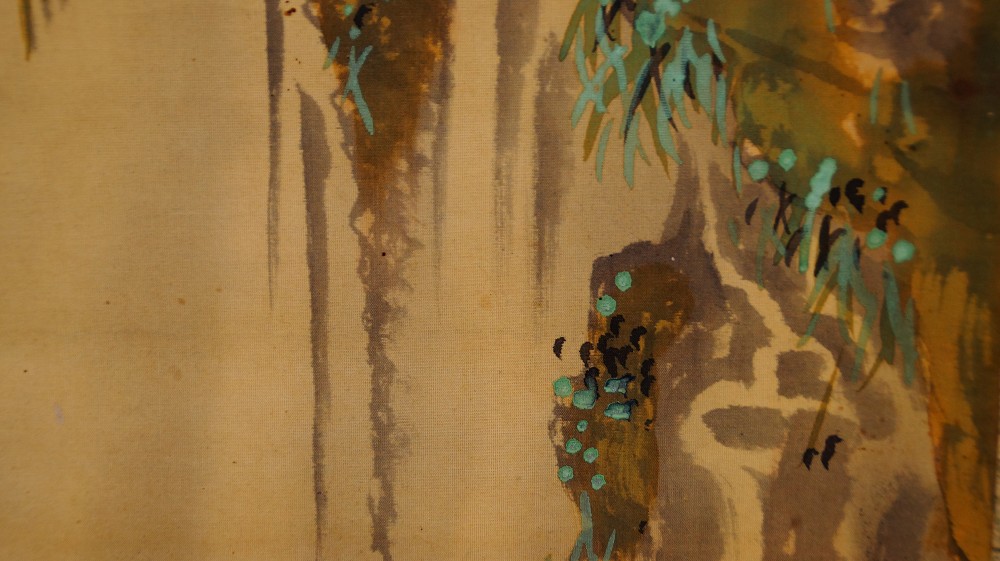 Further close-up of the colored rock cliff with moss and grass on the hanging scroll by Jodo