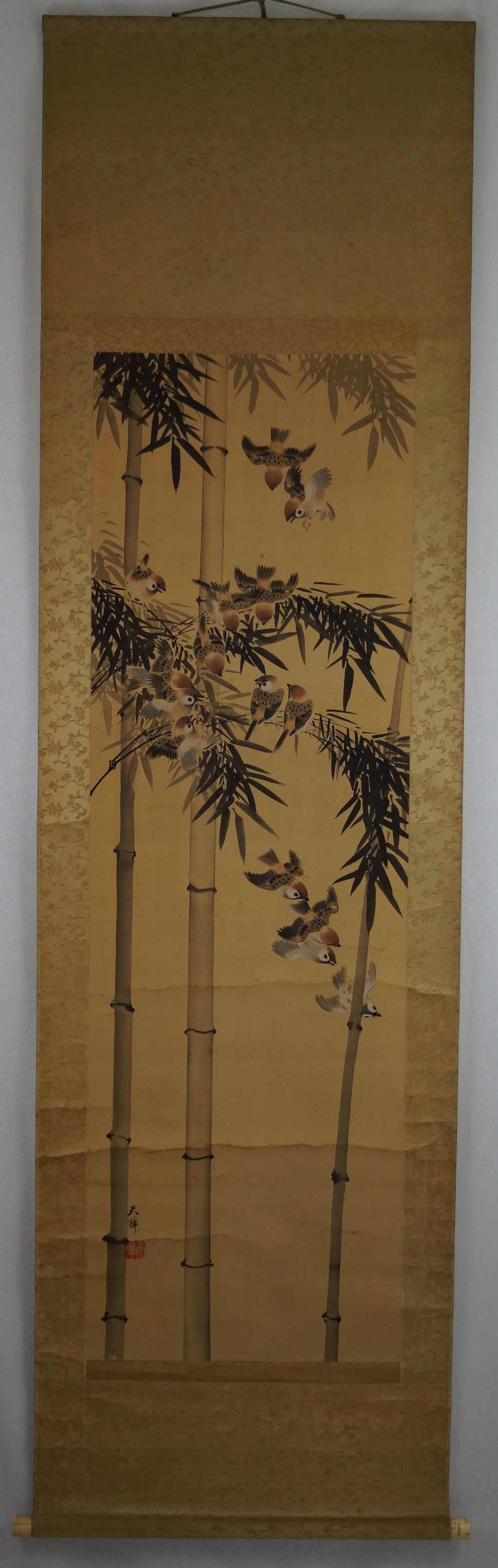 Many Sparrows and the Bamboo Full View Hanging Scroll