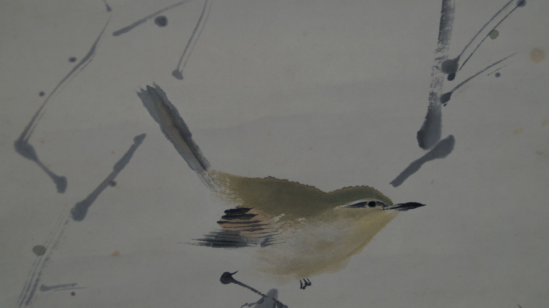 Extreme close-up of the nightingale with yellowish-brown plumage in the hanging scroll Nightingale on Blossoming Plum Branch