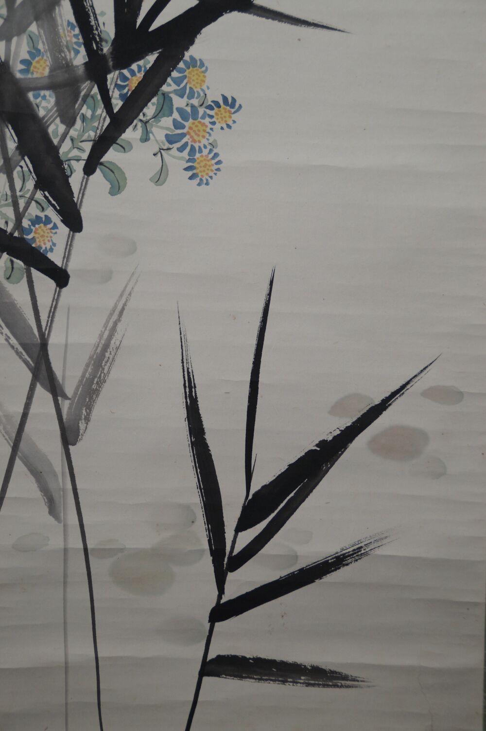 Detail view of bamboo leaves and blue-yellow asters in the kakemono Kingfisher in Dive