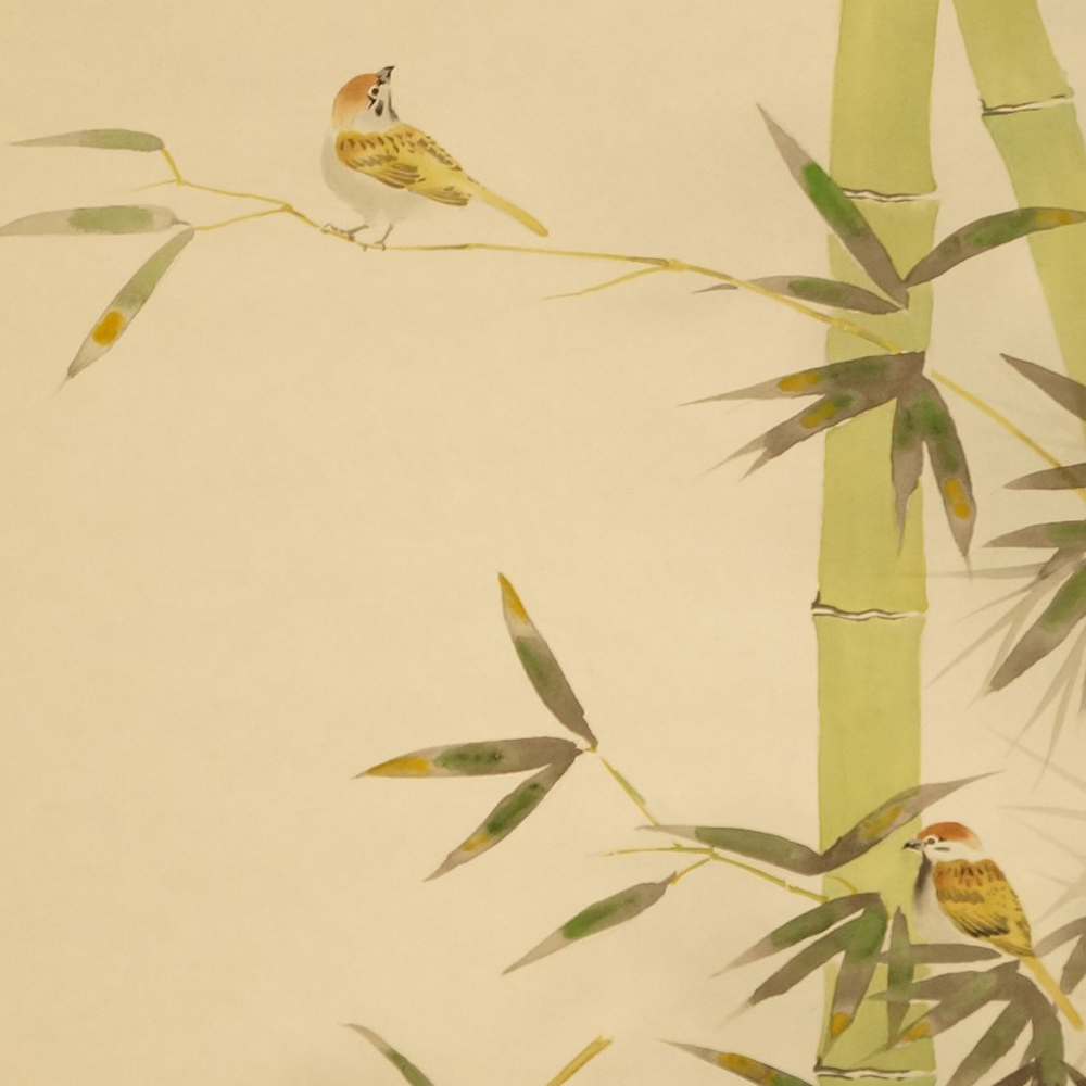 Sparrows on bamboo bush motif close-up preview
