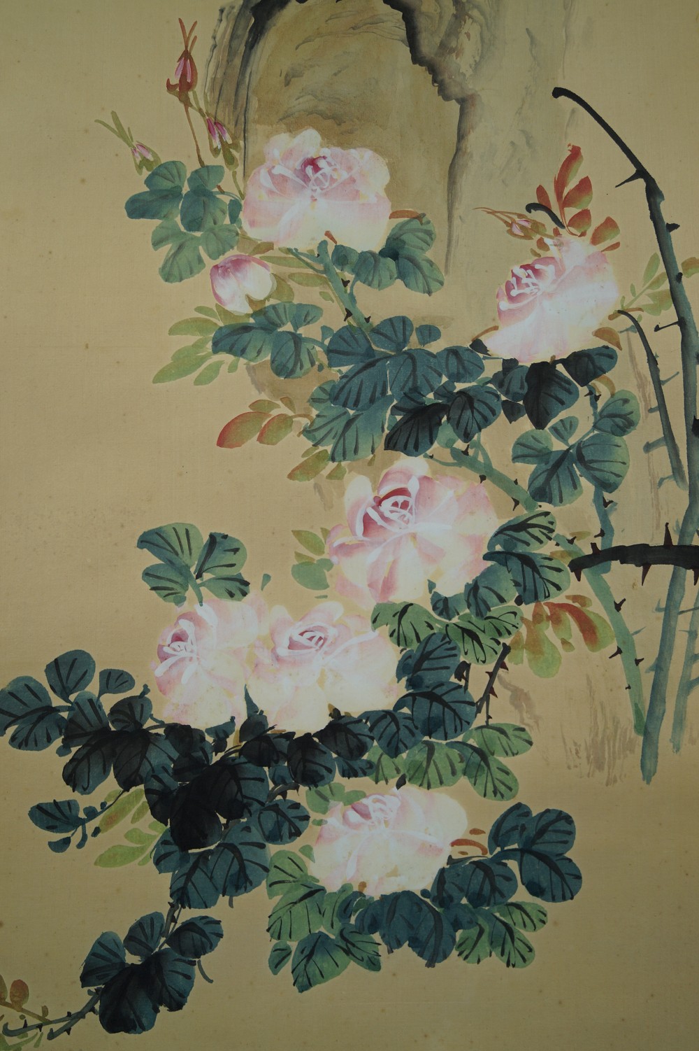 Birds and Flowers Hanging Scroll Rose Motif Close-Up 1