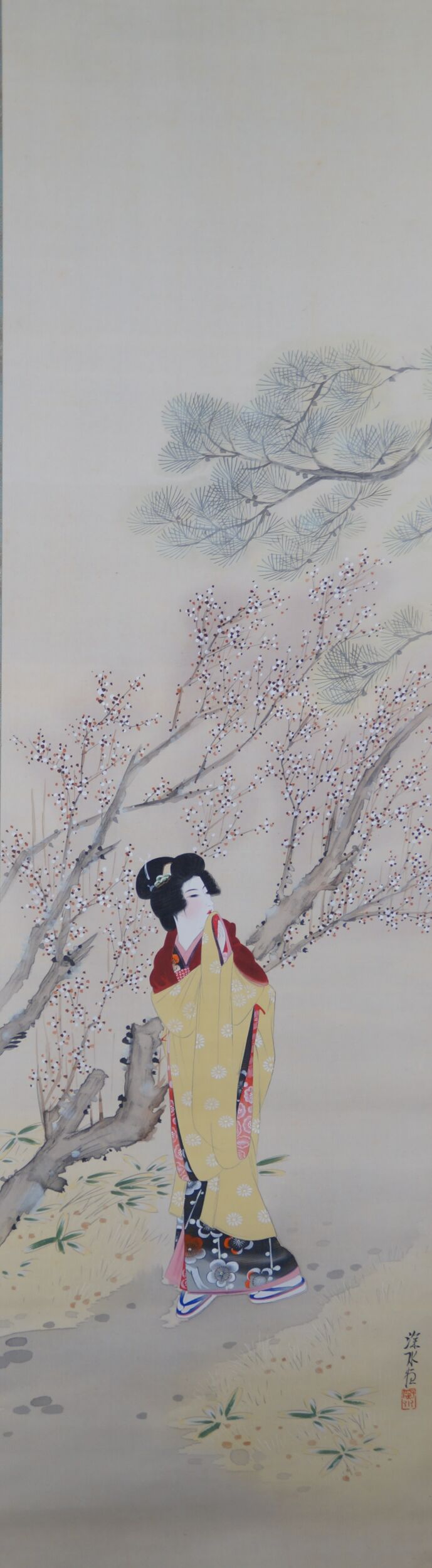 Additional full view of the motif with pine, plum blossoms and lady in kimono, without mounting