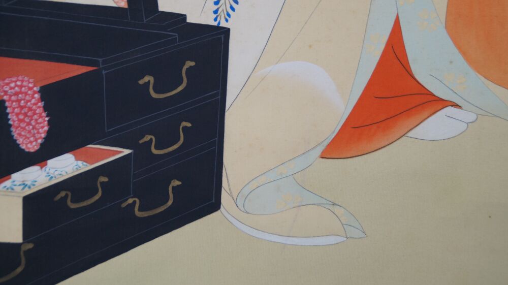 Detail View of the Black Kimono Cabinet with Drawers in the Kakemono Young Woman in Front of Her Kimono Cabinet