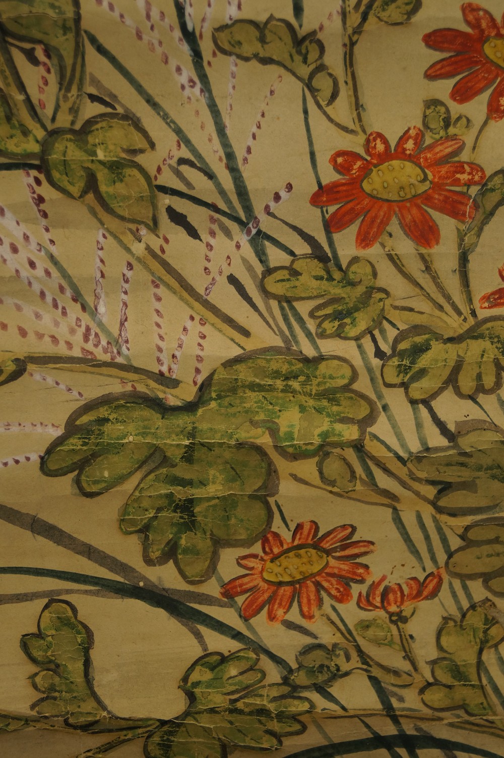Japanese hanging scroll chrysanthemums leaf motif close-up