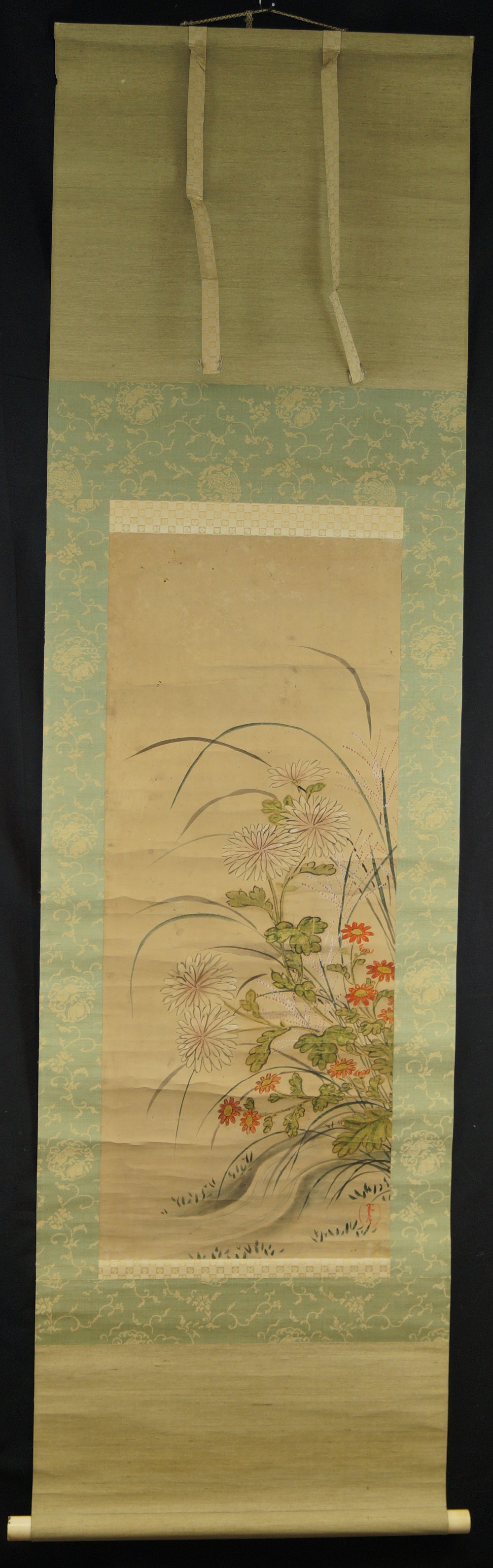 Japanese Hanging Scroll Chrysanthemums Full View
