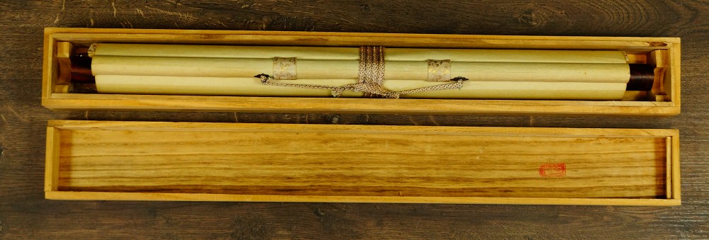 In the Manner of Musashi Bird on a Branch Hanging Scroll in Storage Box