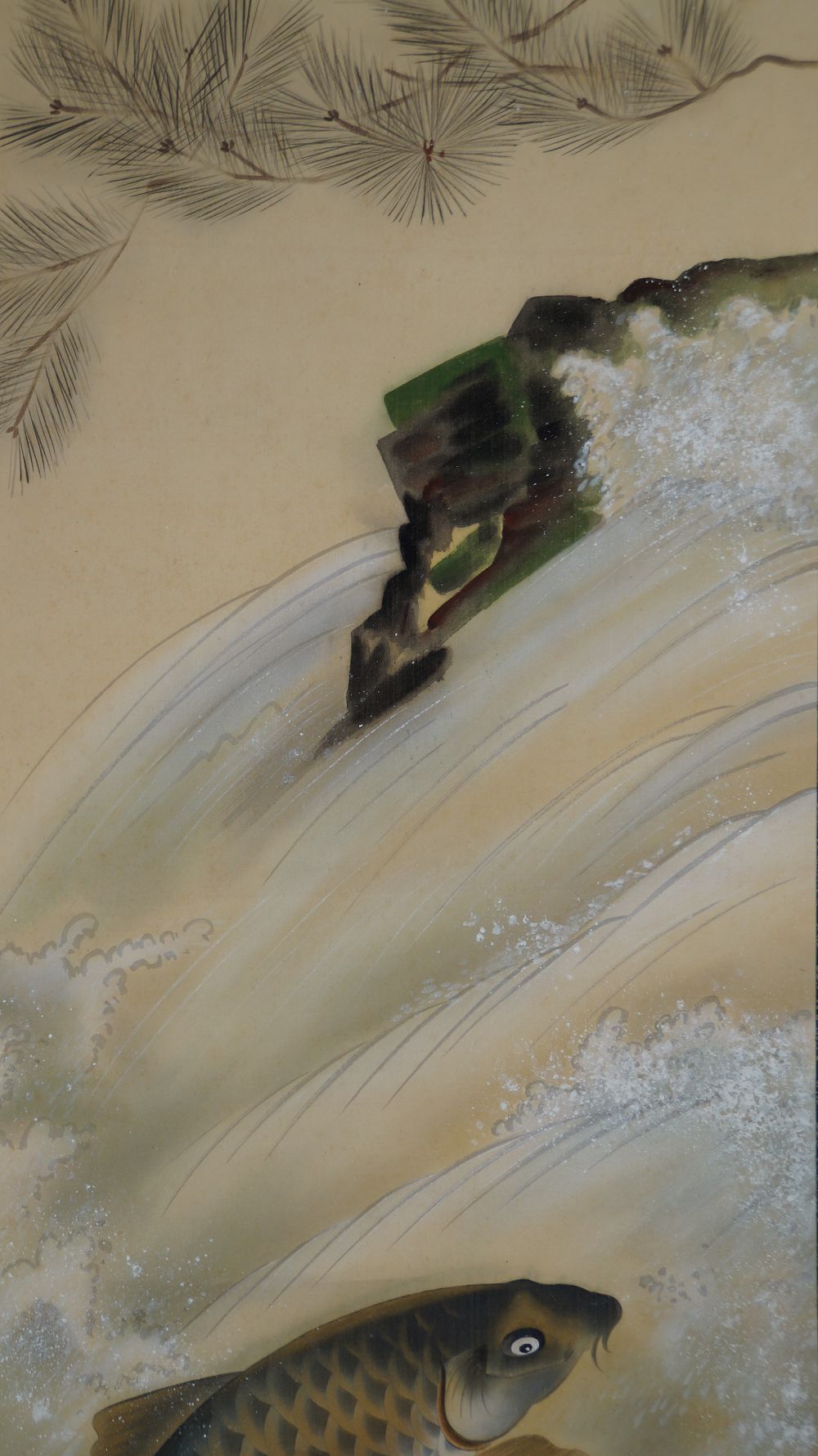 Close-up of the plunging waterfall with pine branches in the upper part of the image of the Kakemono Carp in a Turbulent Waterfall