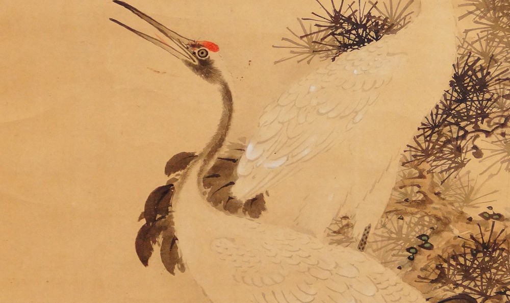 Kakemono by Murata Tōho: cranes beneath pine branches, ink and color on silk.