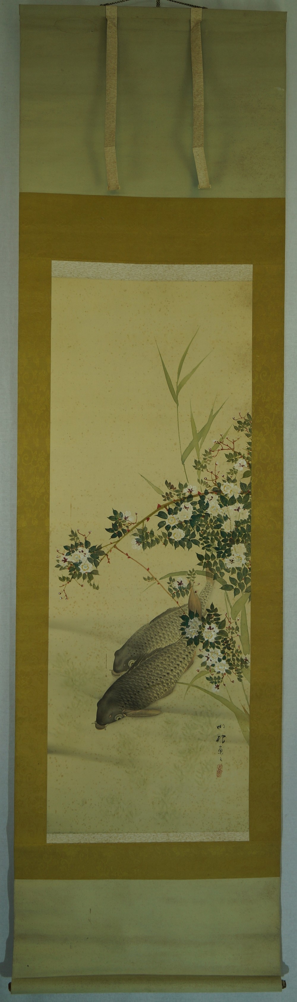 Two Koi in Water Full View Hanging Scroll