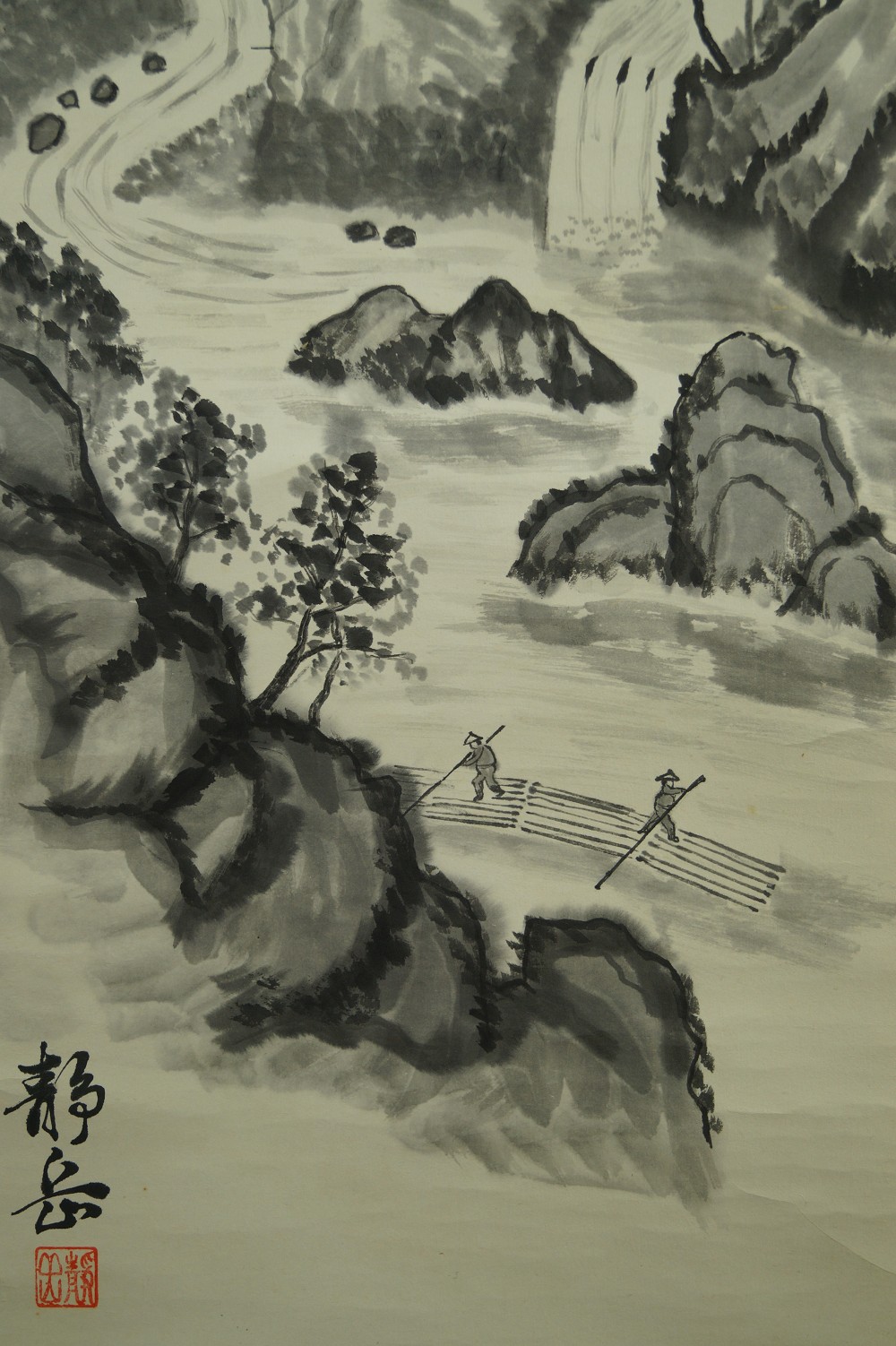 Landscape with Waterfall and Raftsmen Close-Up of the River Scene with the Two Raftsmen Raftsmen Motif Close-Up