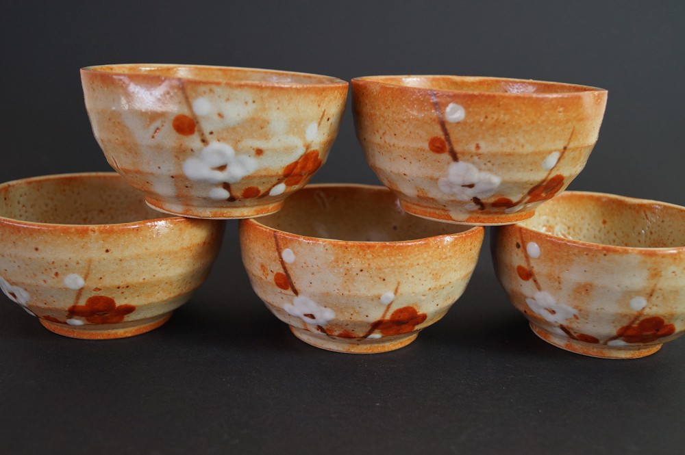5er Set handgetöpferte japanische Teeschalen mit Pflaumenblütenmotiv