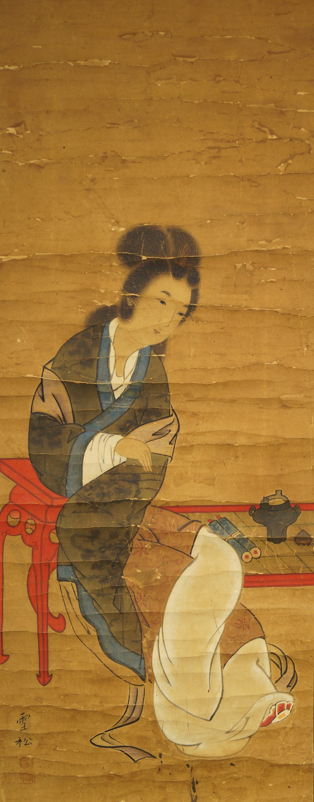 Kakemono Chinesische Schoenheit an rotem Tisch Gesamtmotiv ohne Rahmung