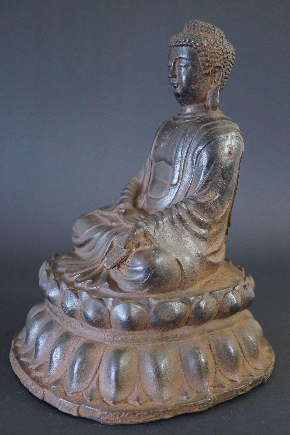 Japanese Buddha Figure Made of Iron Side View 2