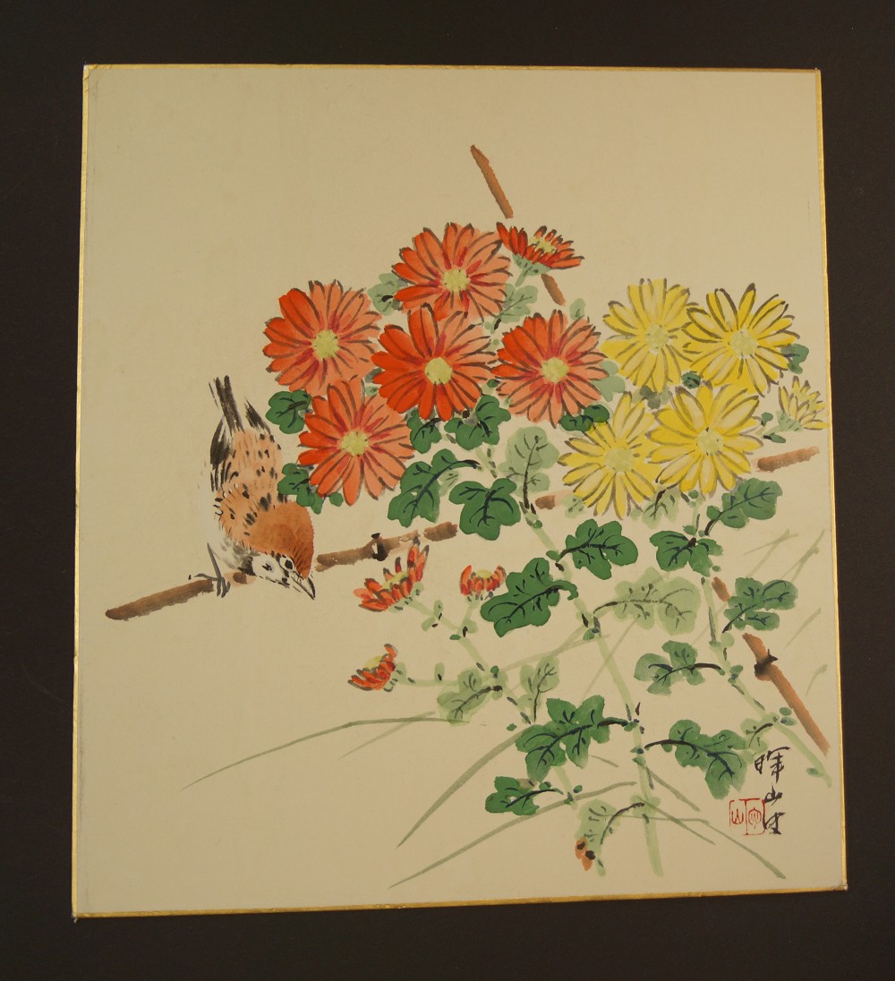 Shikishi - Spatz und Chrysanthemen