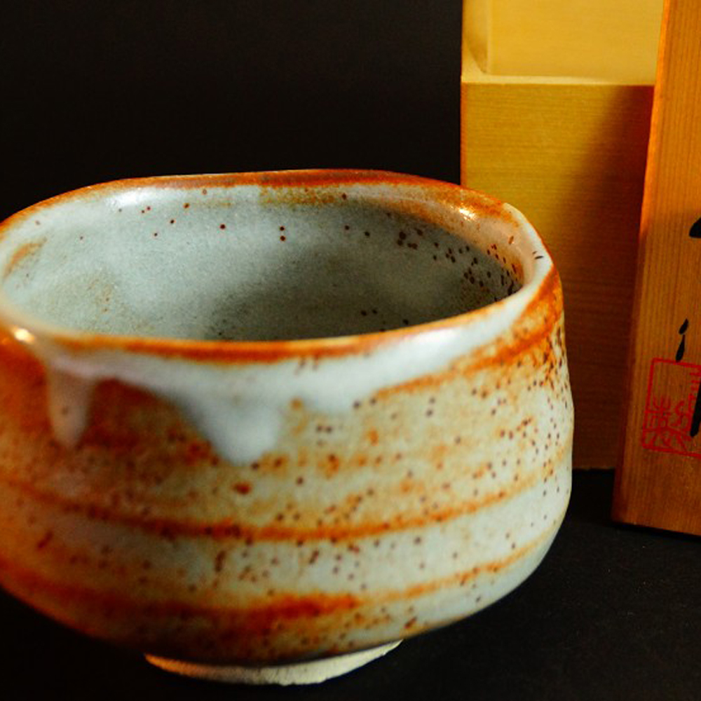 Chawan tea bowl made of Shino ware by Seizan motif close-up preview